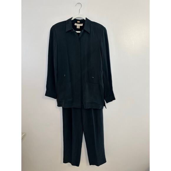 Vintage Design by Pat Argenti Womens 100% Silk Blouse Pants Set Black Flowy 6 - Picture 1 of 13